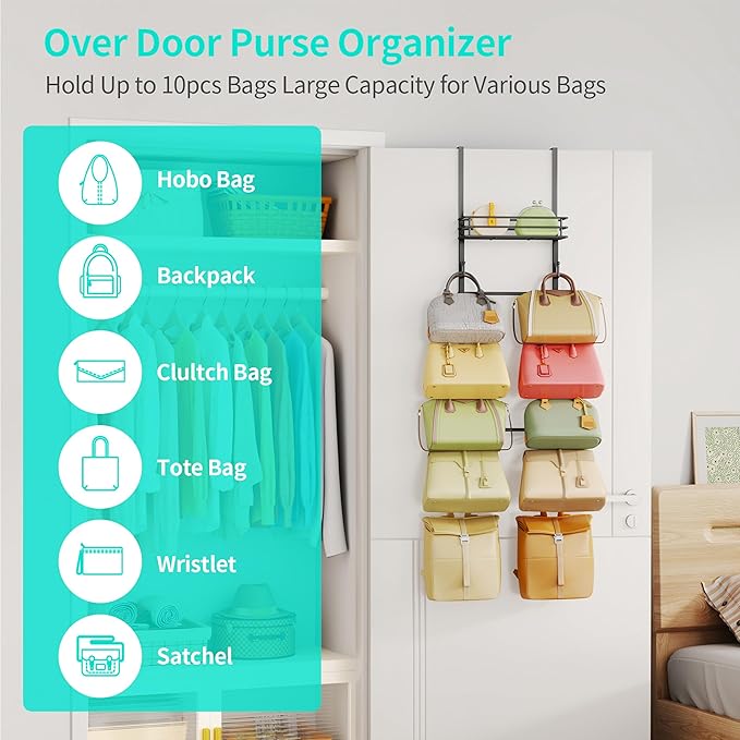 HapiRm Over The Door Purse Organizer - Wall Mounted Purse Rack with 10 Hooks and Metal Basket, Hanging Handbag Organizer Hold