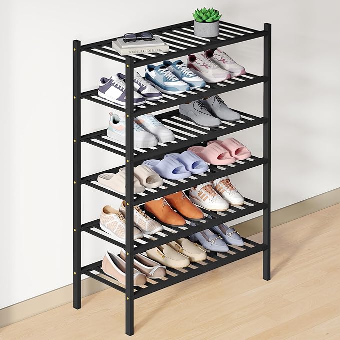 Smiry Bamboo Shoe Rack for Closet, 6 Tier Wooden Stackable Shoe Organizer, Free Standing Shoes Storage Shelf for Entryway, Fr