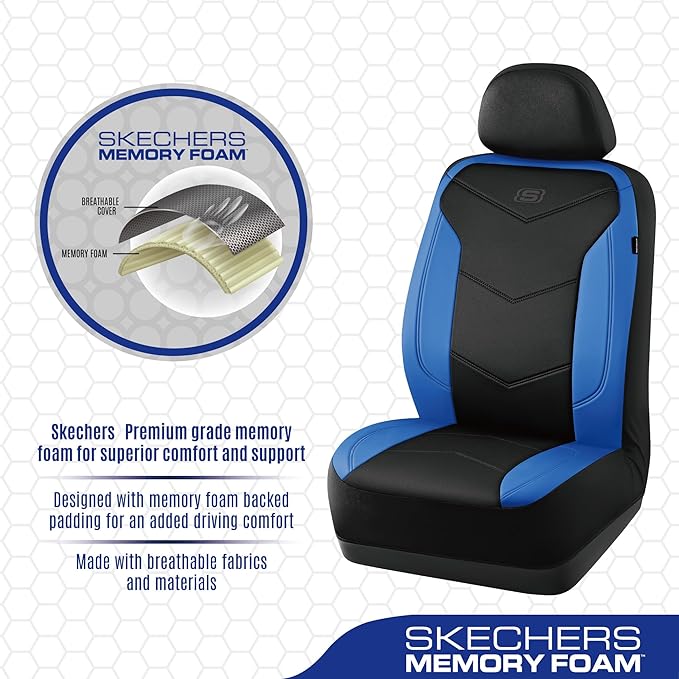 Skechers Memory Foam Seat Covers,Leather Car Seat Covers, Ultimate Comfort & Support Front Seat Covers Airbag Compatible, Aut