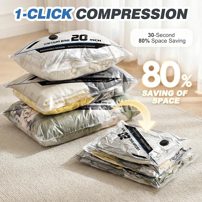 Vacuum Seal Bags for Clothing Travel with Rechargeable Electric Pump, Space Saver Vacuum Storage Bags Travel, Reusable Compre