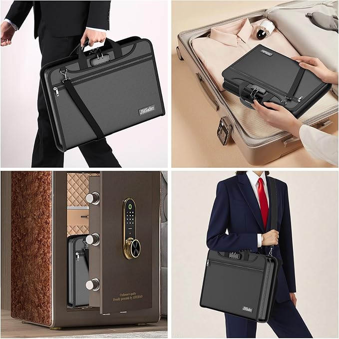 Fireproof Accordion File Organizer with Lock, Water Resistant Expanding File Folder with Shoulder Strap, Important Document O