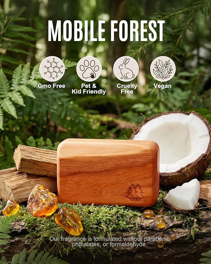 Natural Wooden Car Air Freshener for Visor Clip- Natural Teak/Coconut/Amber Scents, Long-Lasting Odor Eliminator with Metal C