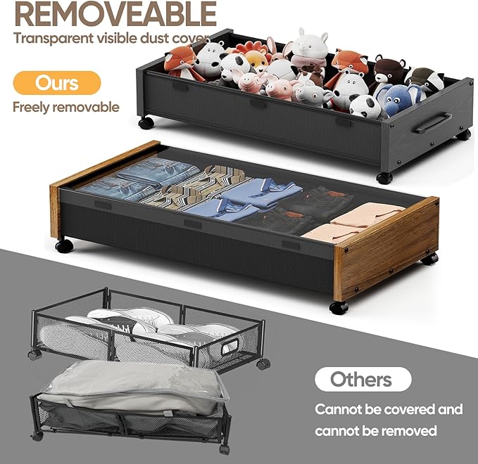 KITHELP Wooden Under Bed Storage with Wheels, 80L Extra-large Rolling Under the Bed Storage Bins 2 Pack with Removable Lid, U