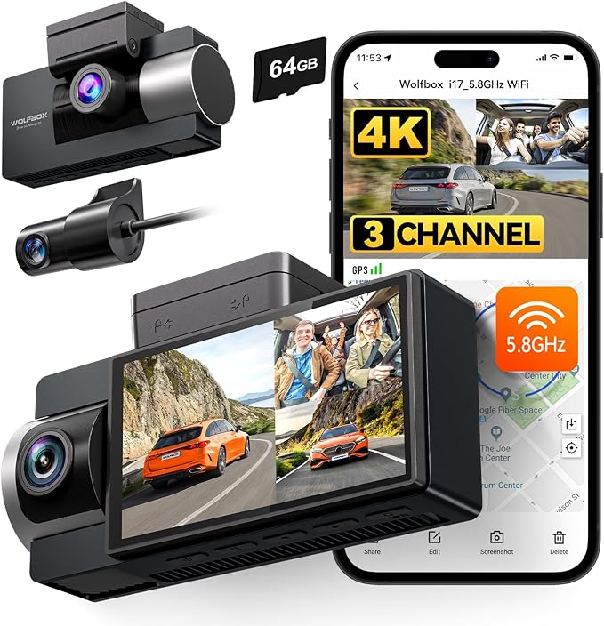 WOLFBOX i17 4K 3 Channel Dash Cam Built-in 5.8GHz WiFi with 64GB Card, 4K+1080P+1080P Dash Cam Front and Rear Inside, Triple 