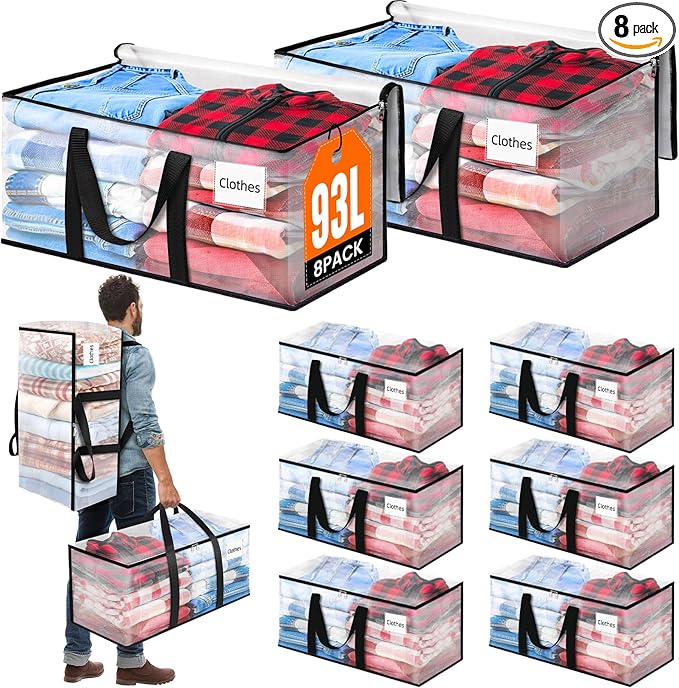 BlissTotes 8-Pack Large Moving Bags with Backpack Straps & Strong Zippers, Heavy-Duty Storage Bags Moving Boxes for Space Sav
