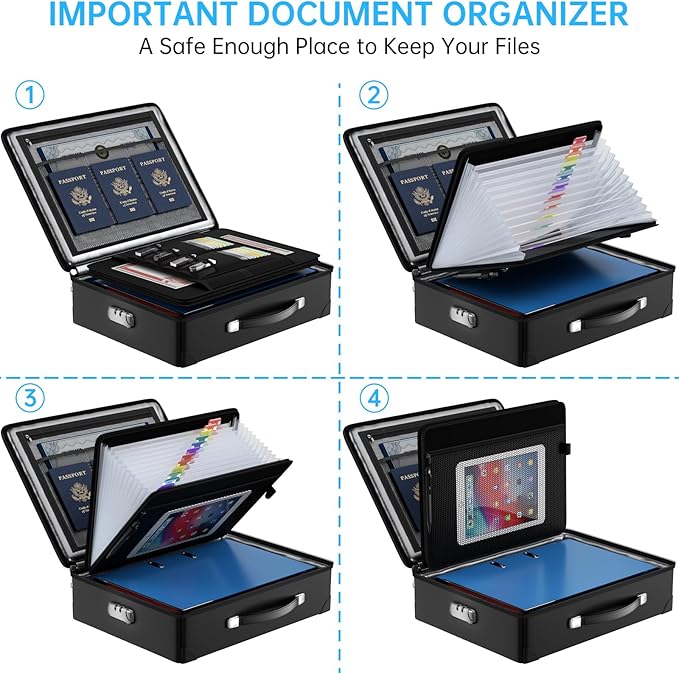 Fireproof Document Box with lock, File Organizer with Fireproof Zipper, Hard Shell Fireproof & Waterproof Storage box, Portab