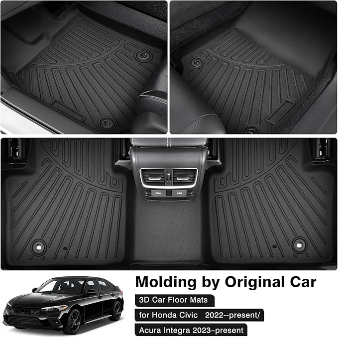 Powerty Floor Mats for 2022-2025 2026 Honda Civic Sedan/Hatchback/Sport/2023-2025 Acura Integra Accessories All Weather Floor Liner 3D TPE 1st & 2nd Row Floor Mat Heavy-Duty Floor Liners