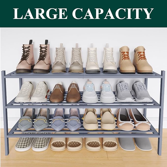 Smiry Long Bamboo Shoe Rack 3-Tier, Stackable Wooden Shoe Organizer for Entryway & Closet, Free Standing Wood Shoe Storage Sh