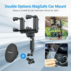 PROfezzion Rearview Mirror & Vent Clip Combo Magnetic Phone Holder Compatible with MagSafe on Car Rear View Mirror for iPhone 17 16 15 14 13 12 Pro Max Plus, MagSafe Case & All Phones [No Vibrating]