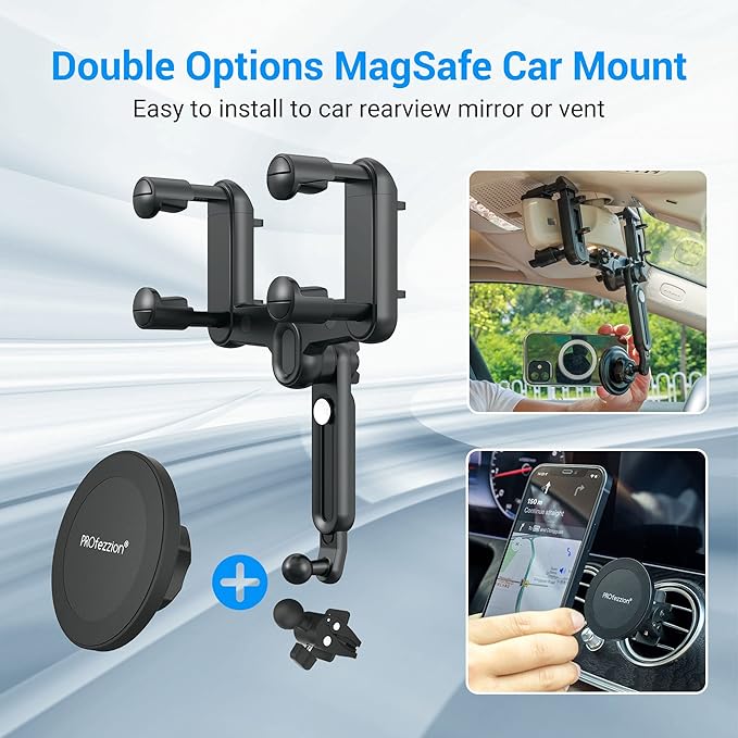 PROfezzion Rearview Mirror & Vent Clip Combo Magnetic Phone Holder Compatible with MagSafe on Car Rear View Mirror for iPhone 17 16 15 14 13 12 Pro Max Plus, MagSafe Case & All Phones [No Vibrating]