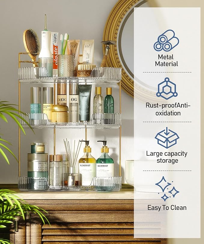 EUHOME 3-Tier Corner Bathroom Counter Organizer Makeup Cosmetic Storage, Tool-Free Installation Acrylic Vanity Shelf, Counter