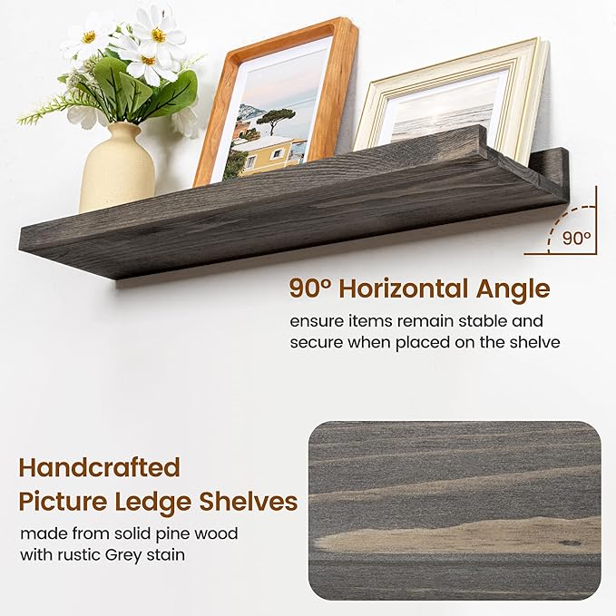 Picture Ledge Wall Shelves 56 Inches Width Set of 3, Solid Pine Wood Rustic Floating Ledge for Kids' Room Bedroom Kitchen Bat