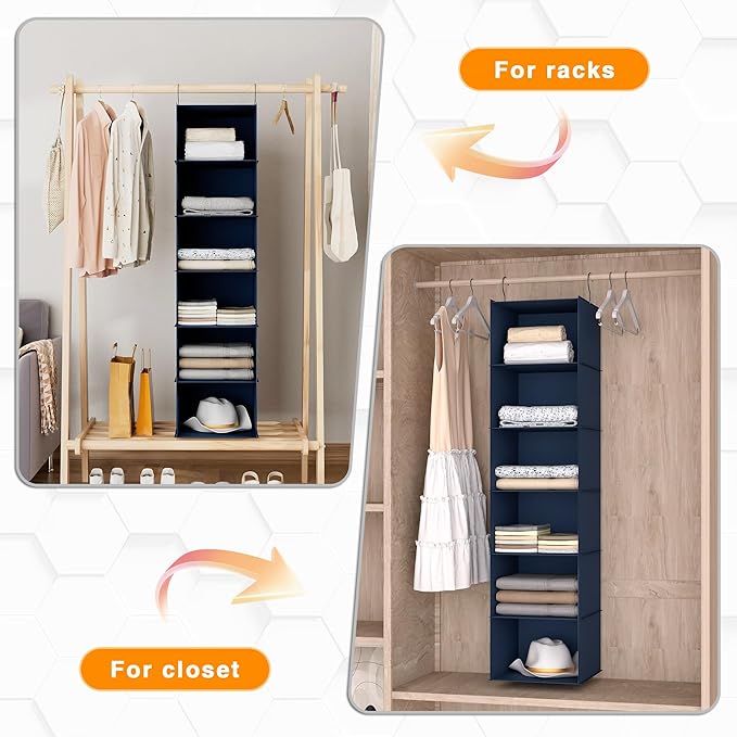 Hanging Closet Organizer and Storage 6-Shelf, Easy Mount Foldable Hanging Closet Wardrobe Shelves, Clothes Handbag Shoes Acce
