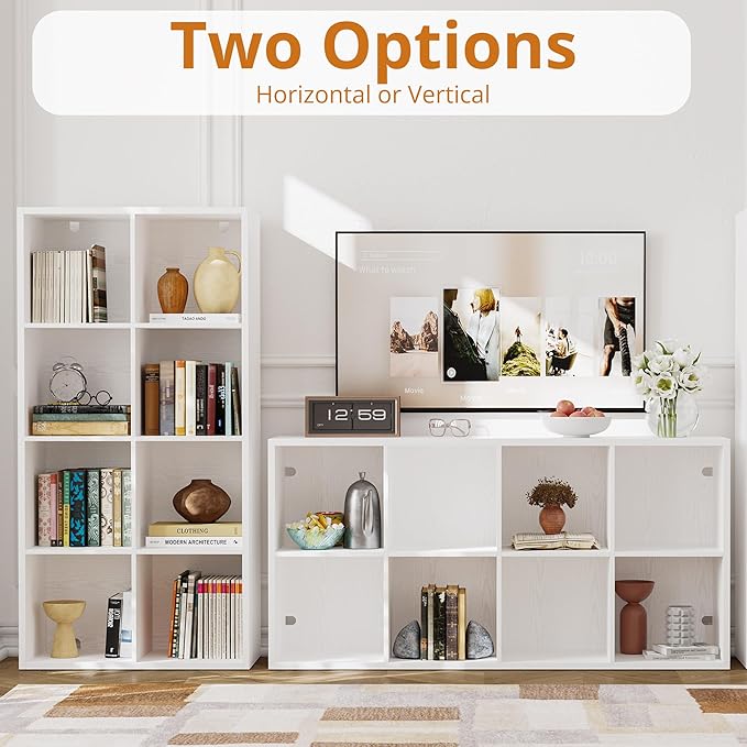 IROCNK Bookshelf, 8-Cube Storage Cube Shelf Organizer, Extra Thick Frame Horizontally & Vertically Reversible Bookcase with O