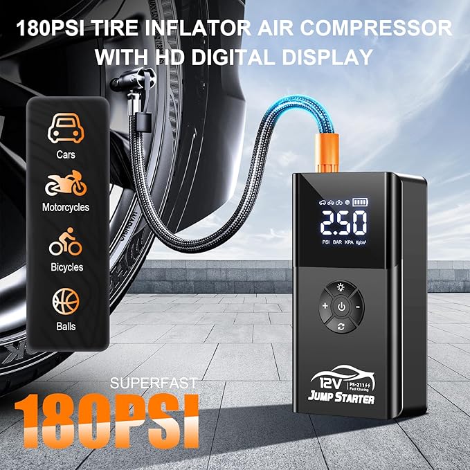 Jump Starter with Air Compressor, 8000A 180PSI, Portable Car Battery Jump Starter (All Gas/12L Diesel) 12V Automobile Jump