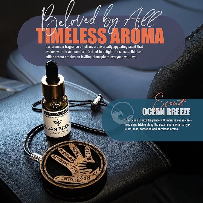 Handmade Wood Car Air Freshener — Father’s Hands Designed Refillable Essential Oil Diffuser — Long Lasting Ocean Breeze Fragr