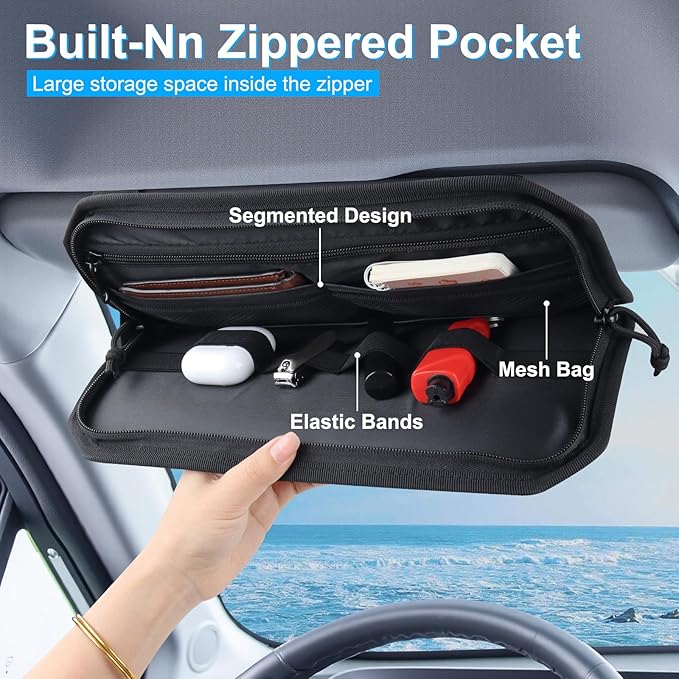 Car Sun Visor Organizer with American Flag, Multi-Pocket Car Visor Storage Pouch with Glasses Clip, Elastic Bands & Zippers, Visor Accessories Fits Most Vehicles, SUVs, Trucks, Red