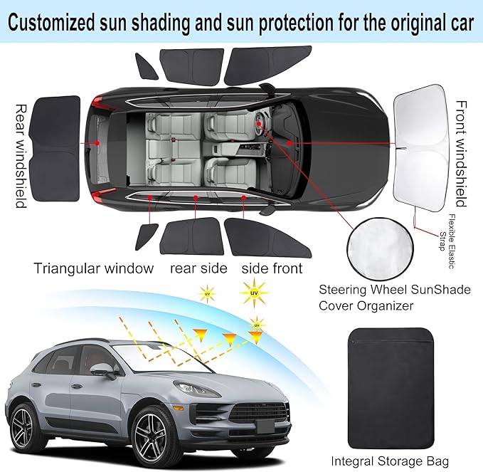 TINGLU Window Shades 8PCS for Porsche Macan 2014-2024 Accessories Car Side Full Windows Rear Triangular Windshield Sun Shade Sun UV Rays & Privacy Protection for Camping,Napping,and Relaxing
