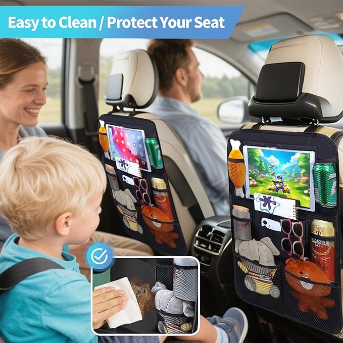 TCJJ Car Backseat Organizers with 10" Touch Screen Tablet Holder&9 Storage Pockets,Back Seat Organizer for Kids Waterproof Car Seat Organizer,Black/2 Pack