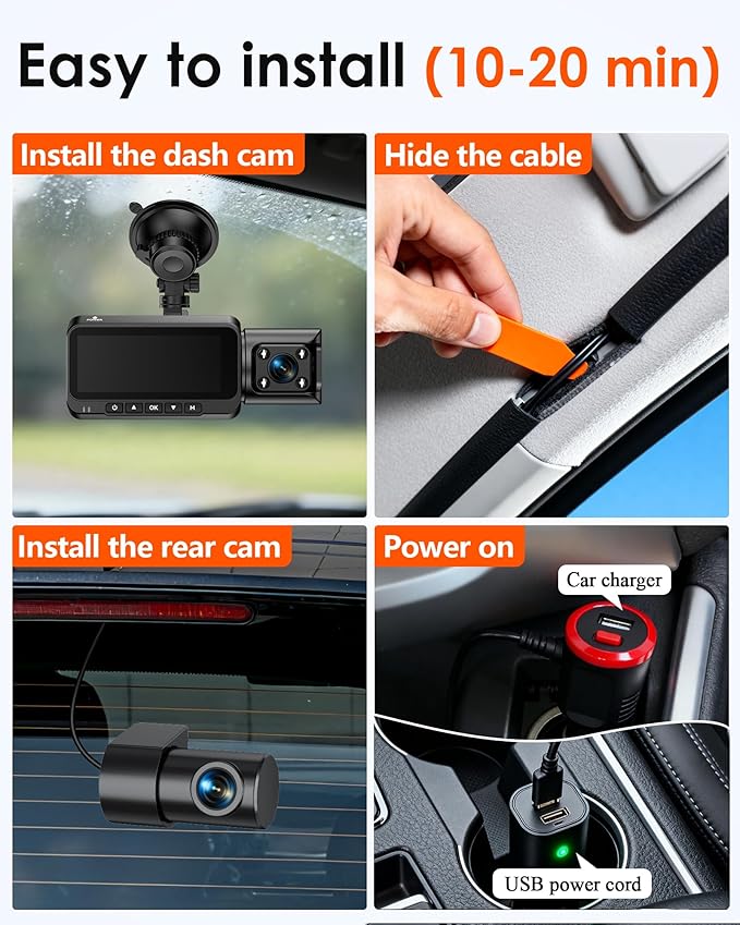 3-Channel Dash Cam 4K for Car: Front, Rear & Inside Dash Camera with 5.8G WiFi & GPS - 24H Parking Mode, 64GB Card for Ridesh