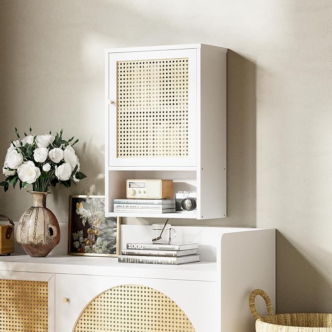 HITNET Medicine Cabinet, Rattan Bathroom Wall Cabinet Over Toilet, Bamboo Space Saver Storage Organizer with Door and Shelf f