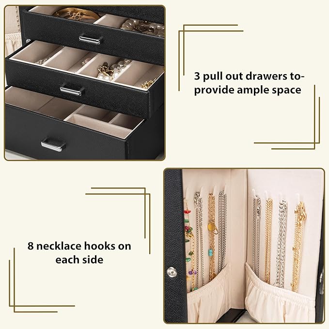 AKOZLIN 4-Tier Jewelry Box Lockable Leather Jewelry Storage Case Organizer with 3 Drawers for Women Girls Ring Necklace Earri