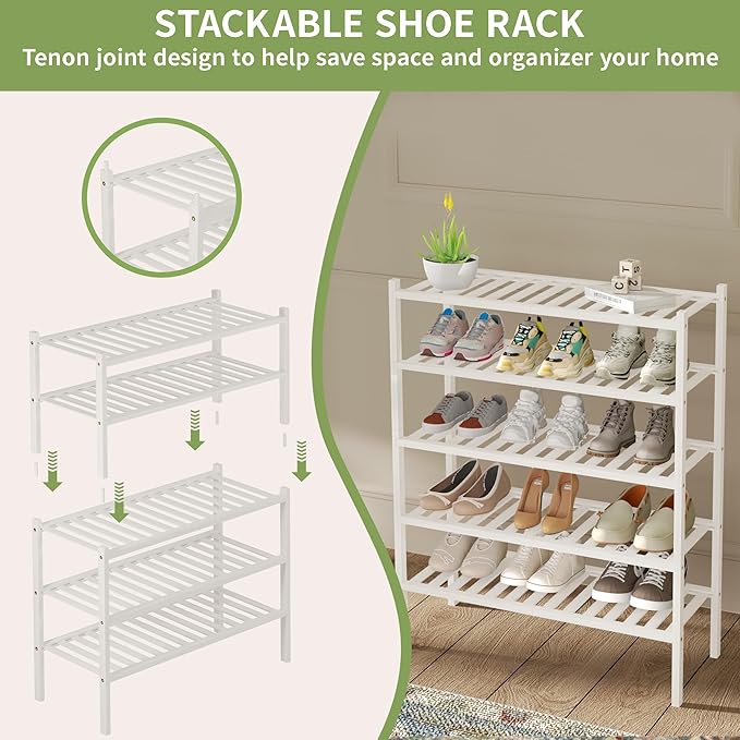 ROMGUAR CRAFT 3 Tier Bamboo Shoe Rack for Closet Free Standing Wood Shoe Shelf Storage Organizer for Entryway Small Space Sta