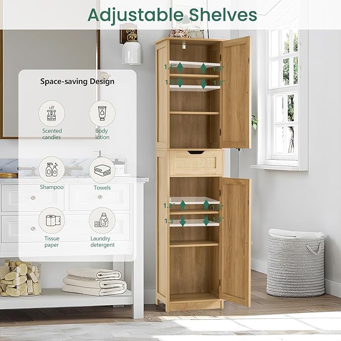 Iwell Tall Narrow Storage Cabinet with Doors, Rattan Cabinet with Adjustable Shelves, Freestanding Linen Storage for Living R
