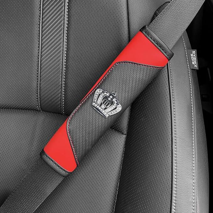 Car Seat Belt Cover 2 Pcs Leather Shoulder Pad with Bling Crown Protector Car Safety Strap Covers Accessories,Red