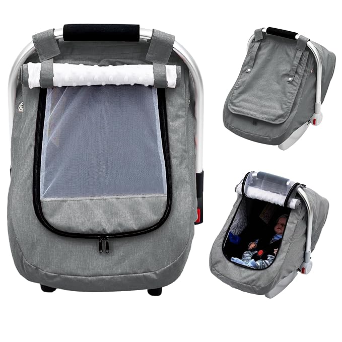 Carseat Covers Baby Boy, Waterproof Baby Car Seat Cover with 2 Layers Mesh & Sun Shade Window, Outdoor Infant Car Seat Canopy