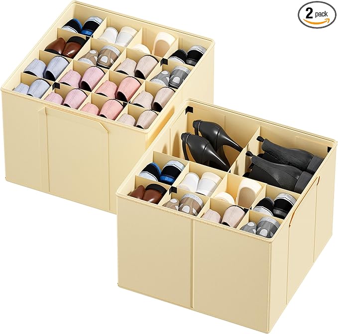 SpaceAid Shoe Organizer for Closet, 2 Pack Foldable Shoe Storage Containers Baskets Boxes Bins w/Adjustable Dividers, Fits 16