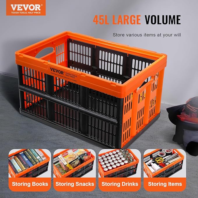VEVOR Plastic Collapsible Storage Basket, 45L 3 Packs, Folding Stackable Storage Containers/Bins with Handles, Large Heavy Du