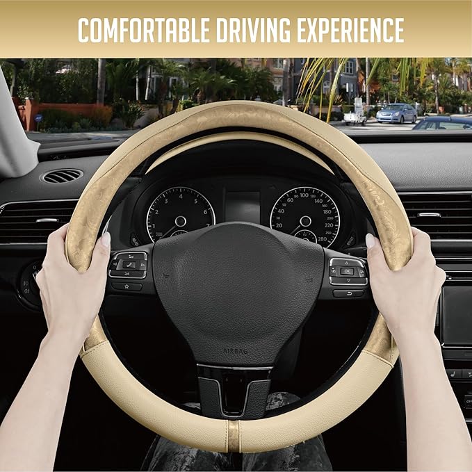 PIC AUTO Steering Wheel Cover, Gold Patterned Leather Patchwork Design, Universal Fit 14.5"–15.5", Anti-Slip, Odor-Free, Soft