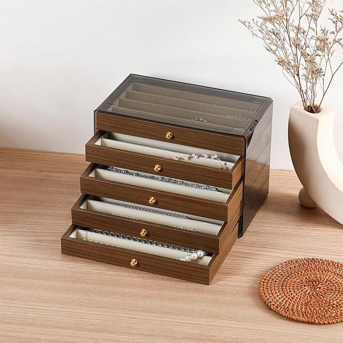 CLUQMEIK 5 Layer Necklace Jewelry Box, Vintage Wooden Jewelry Box with Acrylic Cover Stackable Necklace Storage Organizer for