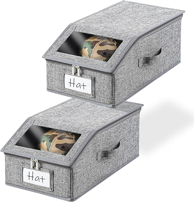 2 Pack Grey Hat Organizer for Baseball Cap, Hat Storage for Closet with Clear Window, Breathable Fabric Hat Box for Snacks, T