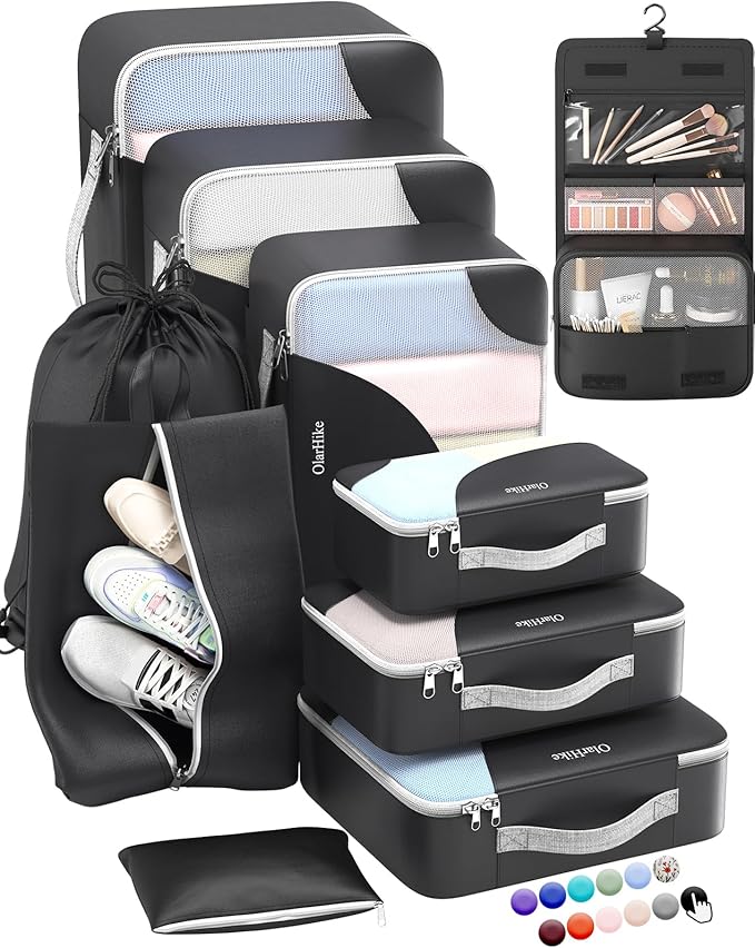 ALL INCLUDED 10 Set Durable Packing Cubes for Suitcases,OlarHike Essentials for Travel,UPGRADED Anti-Tear Stitching, NEW Impr