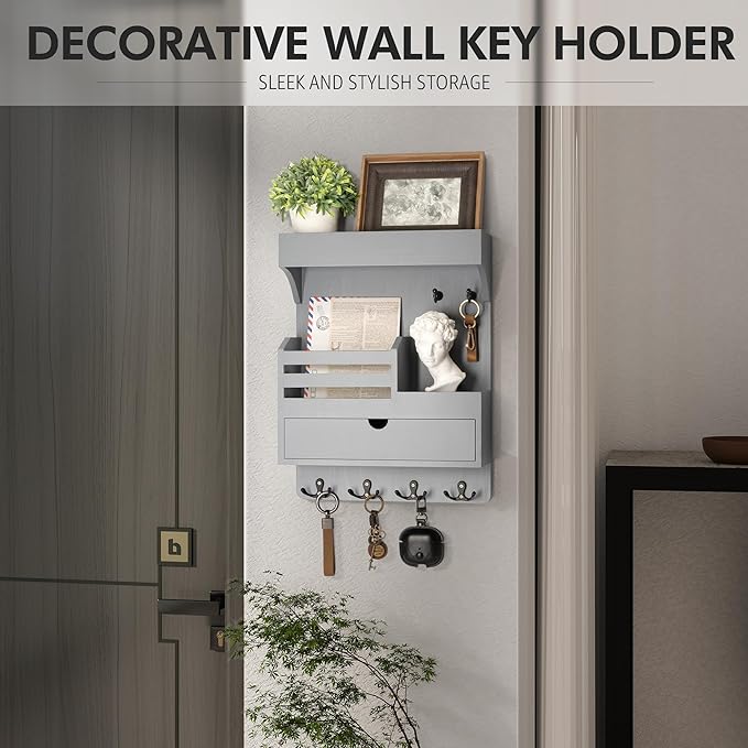 Rebee Vision Wooden Key Holder Wall Mount with Drawer Organizer – Modern Mail and Key Organizer for Wall Featuring 6 Robust H