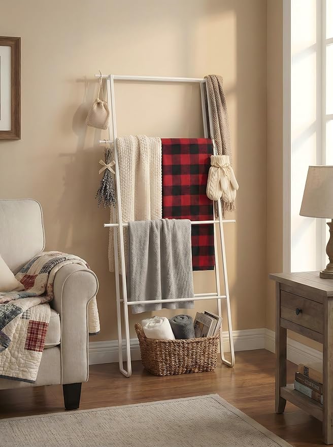 CANYAVE Metal Leaning Ladder Towel Rack, 4-Tier Blanket Stand for Bathroom Living Room, No Drilling Quilt Storage Organizer