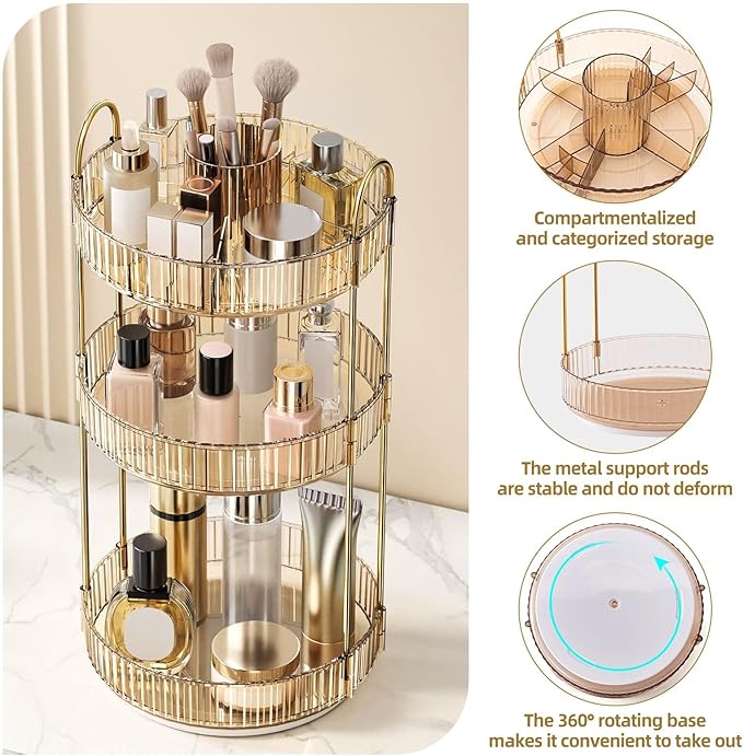 360° Rotating Makeup Organizer, Large-Capacity Skincare Make Up Storage 3 Tier Perfume Organizers Cosmetic Dresser Organizer 