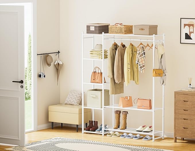 Wardrobe Closet,Portable Clothes Rack with 4 Tiers Shelves,Freestanding Closet Organizers and Storage System with Hanging Rod