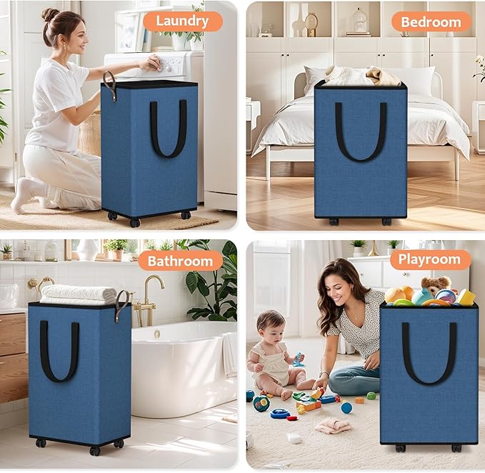 SpaceTrove Laundry Basket with Wheels, Collapsible Laundry Baskets, Laundry Hamper with Handles Detachable Wheels, Rolling La