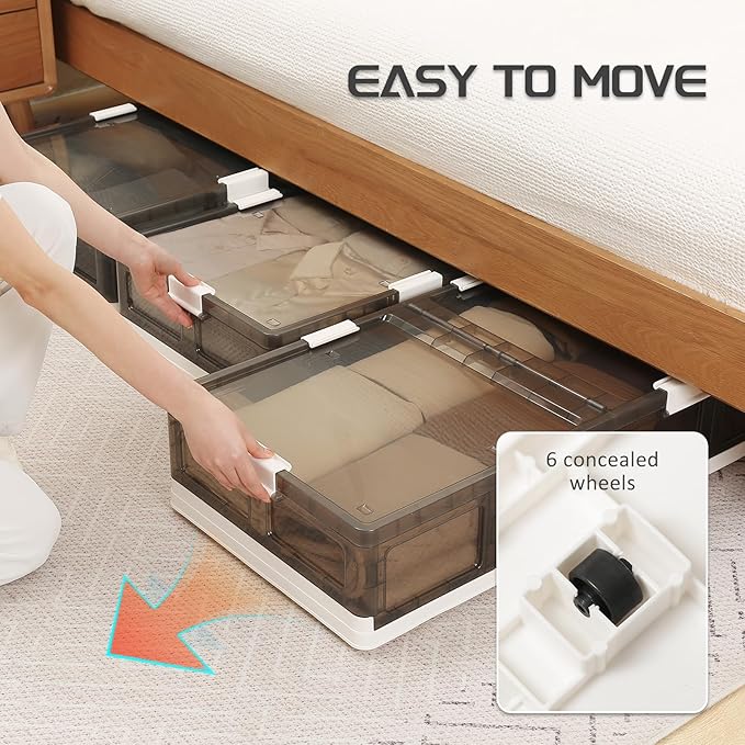 2-Pack Under Bed Storage Containers with Wheels - Stackable, Foldable Plastic Storage Boxes with Lids for Clothes, Shoes, Bla