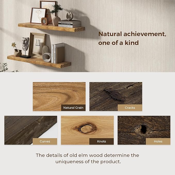 55 Inch Floating Shelves for Wall, Solid Elm Wood Live Edge Wall Shelf for Home Decor, 8 Inch Deep Floating Shelf, 55 x 8 Woo