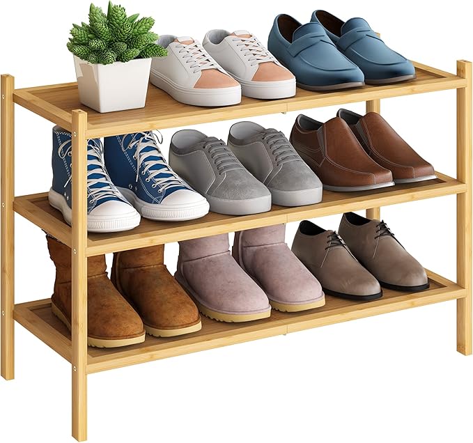 BMOSU 3-Tier Bamboo Shoe Rack Premium Stackable Shoe Shelf Storage Organizer for Hallway Closet Living Room Entryway Organize
