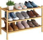 BMOSU 3-Tier Bamboo Shoe Rack Premium Stackable Shoe Shelf Storage Organizer for Hallway Closet Living Room Entryway Organize