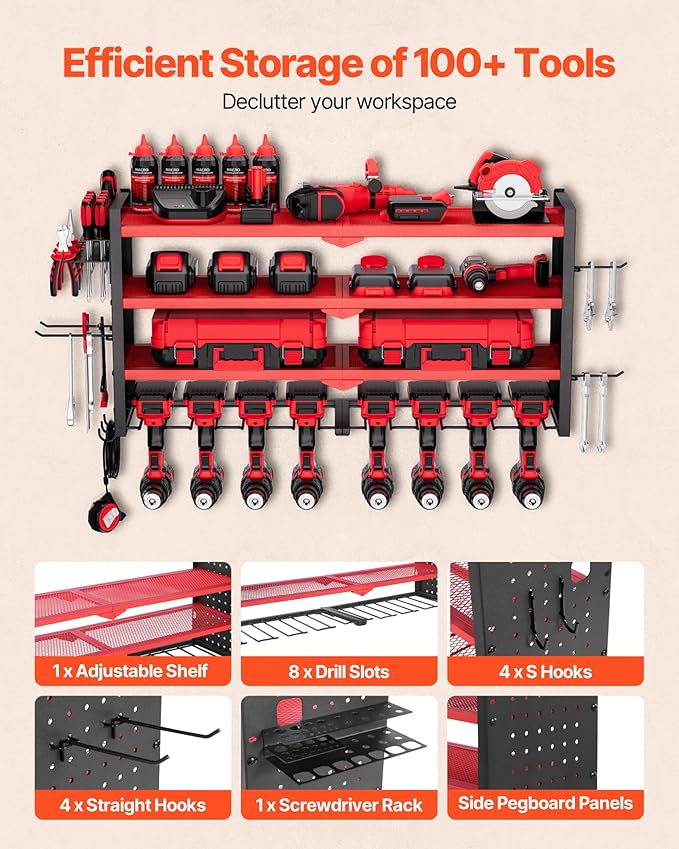 VEVOR Power Tool Organizer Wall Mount, 4-Layer Storage Rack with 8 Drill Holders, Tools Holder and Storage Rack with Side Peg