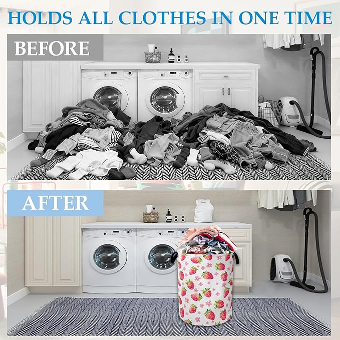 Straberry Flower Laundry Basket Collapsible Laundry Hamper Clothes Toy Storage Bin for Bathroom Bedroom Room Decor 16" X 20.8