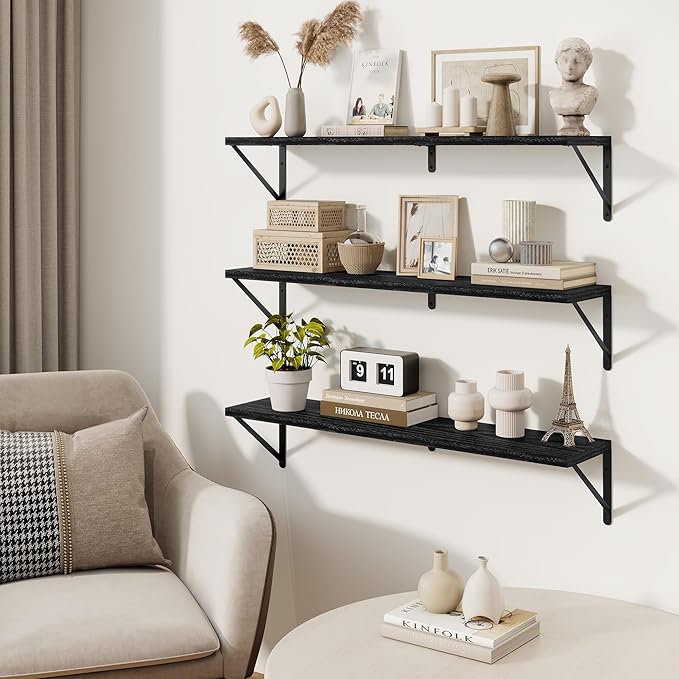 Floating Bookshelf with Brackets, Black Floating Shelves, 36 inch Wall Shelves Set of 3, Particle Board Wooden Shelf for Kitc
