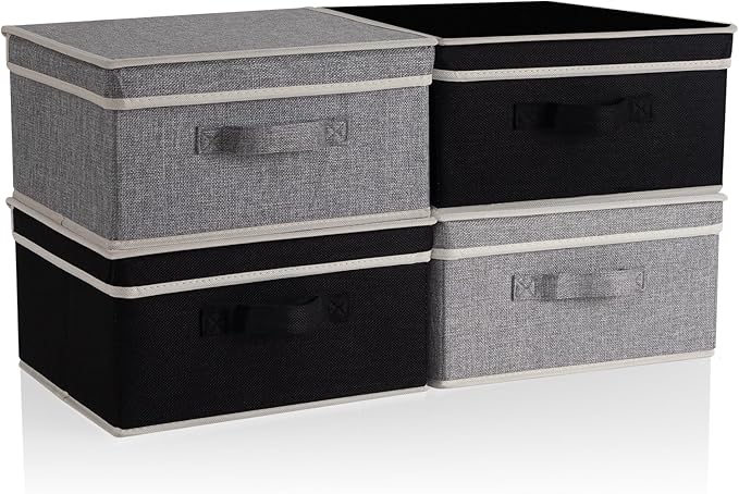 Storage Bins with Lid, Foldable Clothing Storage Box case with Handle for Closet, Bedroom, Home, Gray+Black, 13L x 12.5W x 7H