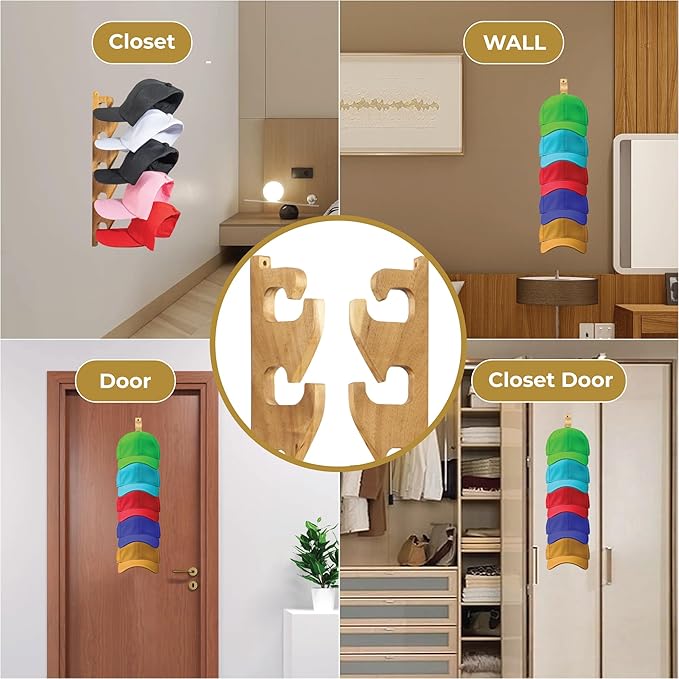 2 Pack Acacia Wood Hat Organizer for Wall – Vertical Baseball Cap Display Rack with 3 Hanging Options, Hat Holder with Adhesi